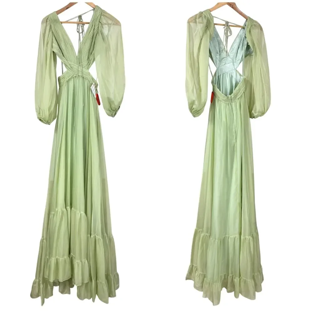Mac Duggal NWT Sage Green Pleated Cut Out Long Sleeve Lace Up Tiered Gown Size 2 - Picture 3 of 9